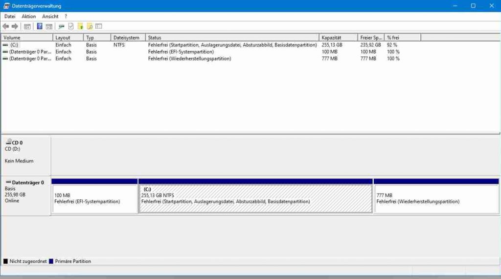 Aufteilung der Festplatte Datenträgerverwaltung