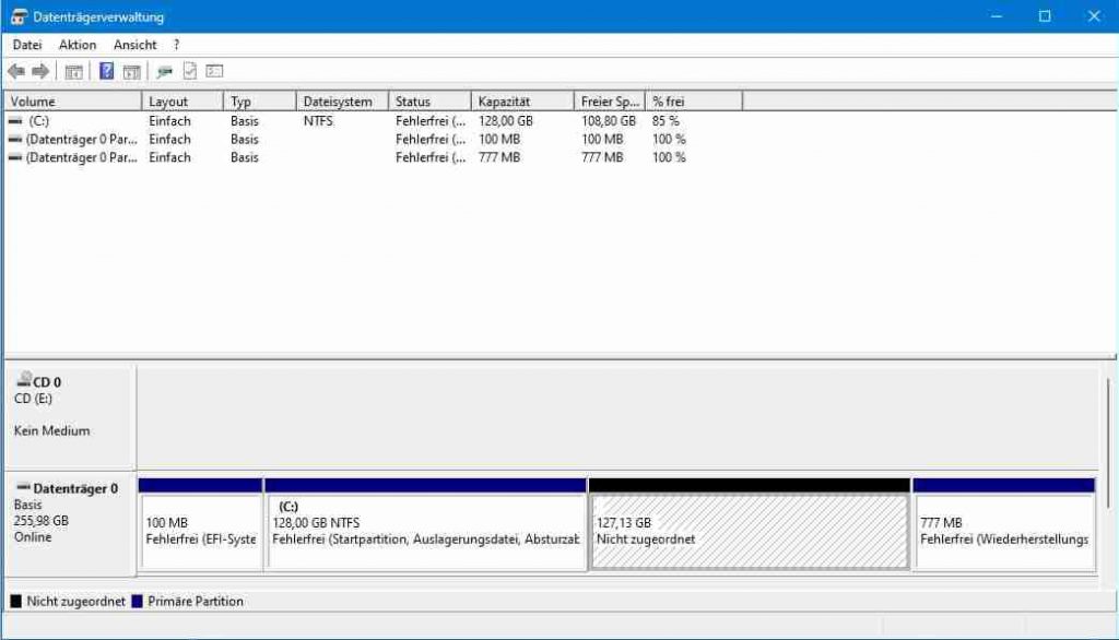 Aufteilung der Festplatte Datenträgerverwaltung