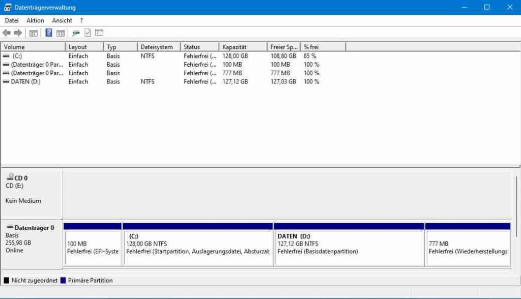 Aufteilung der Festplatte Datenträgerverwaltung