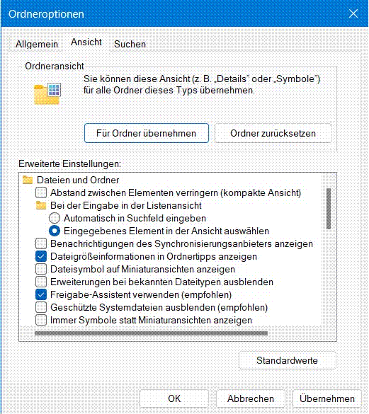 Einstellungen im Windows Explorer